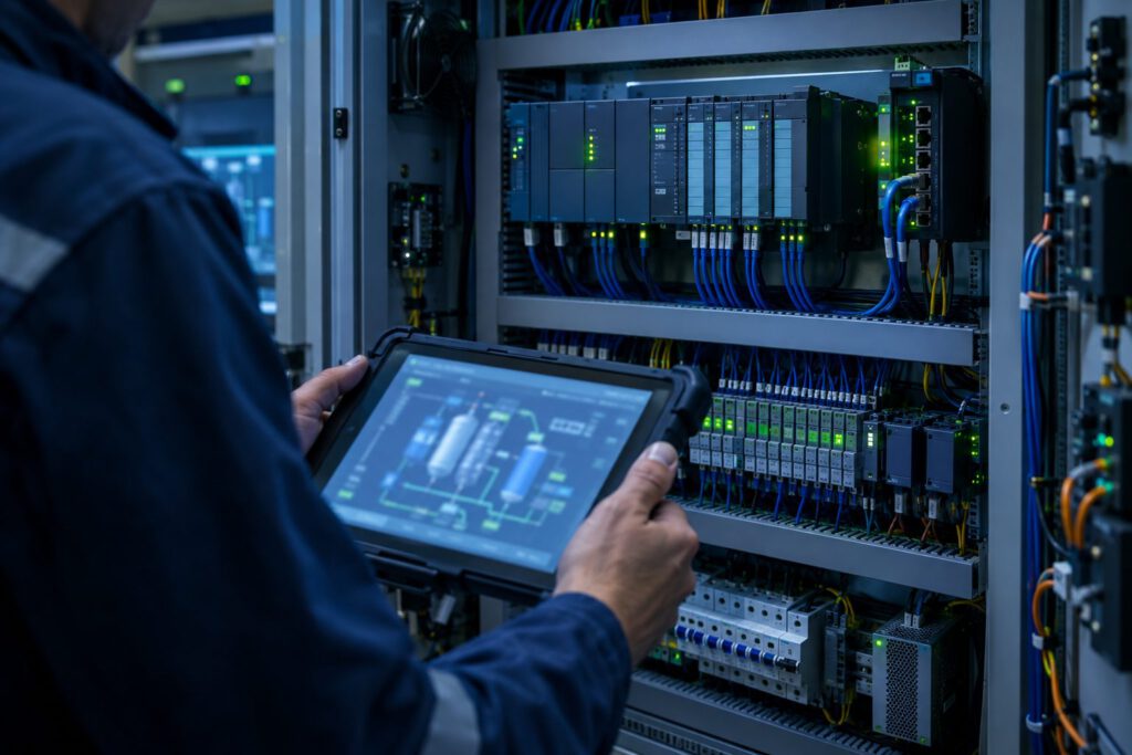 Commissioning engineer with a tablet at an open industrial control cabinet
