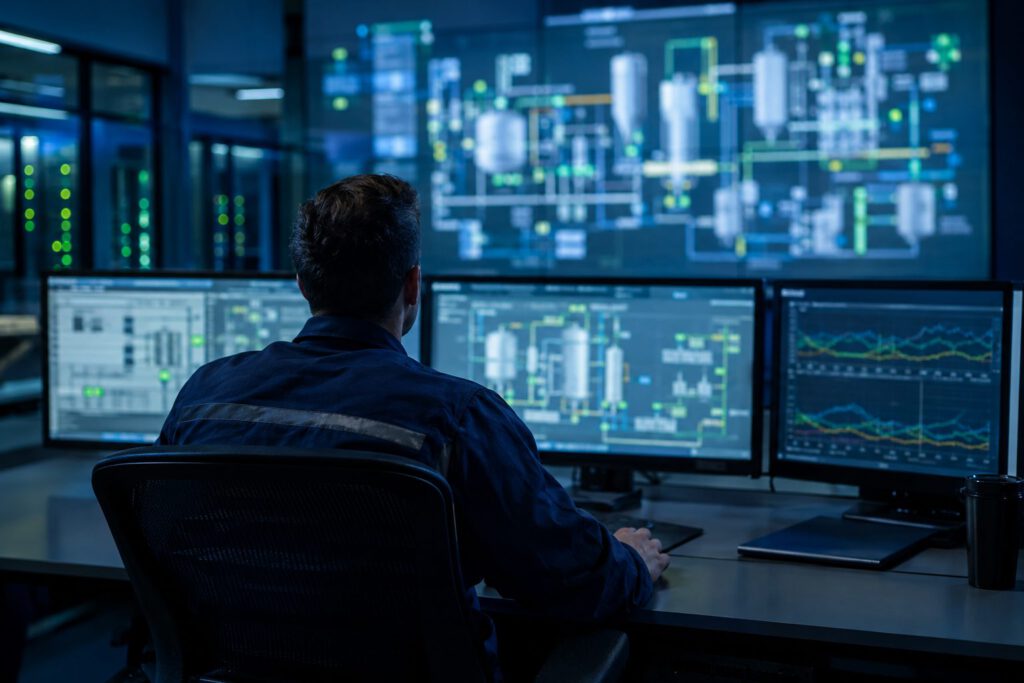 Automation engineer working at a process control room workstation