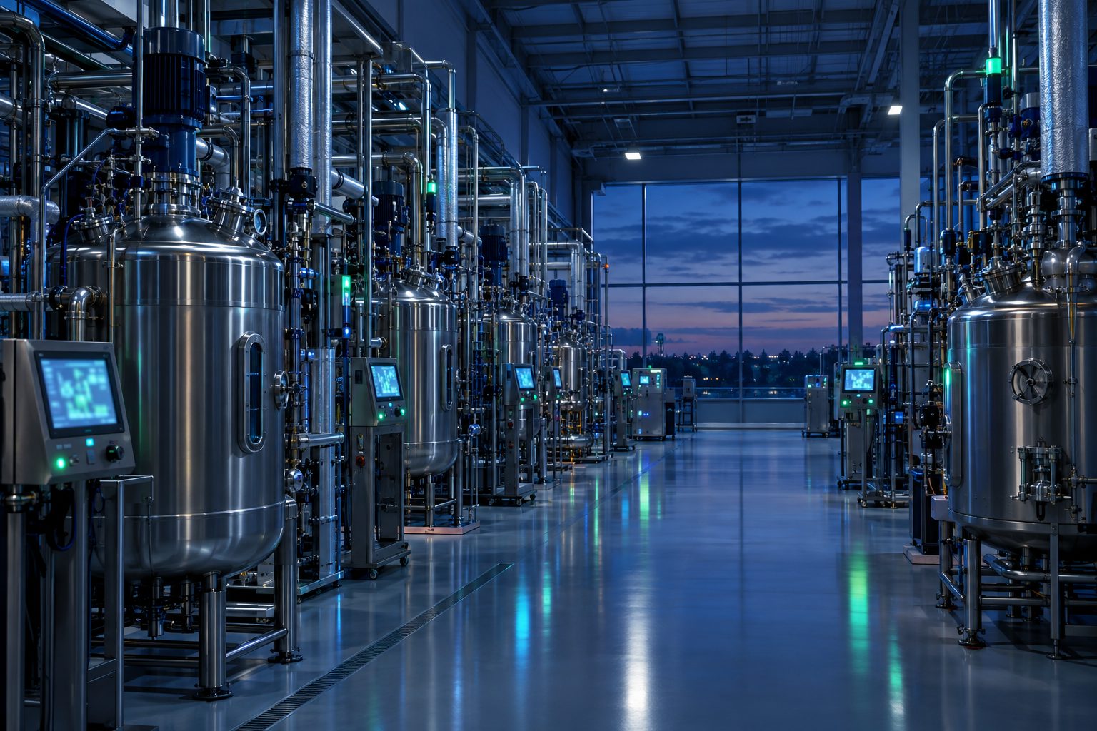 Stainless-steel bioreactors in a modern pharmaceutical production hall