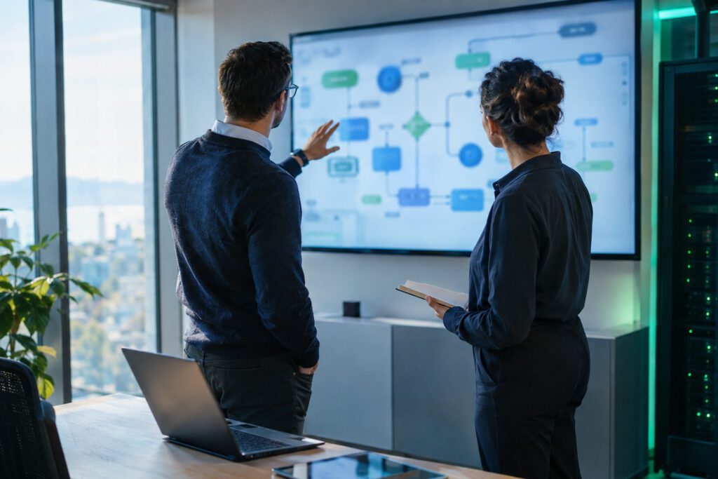 Two engineers discussing a process flow diagram on a large screen